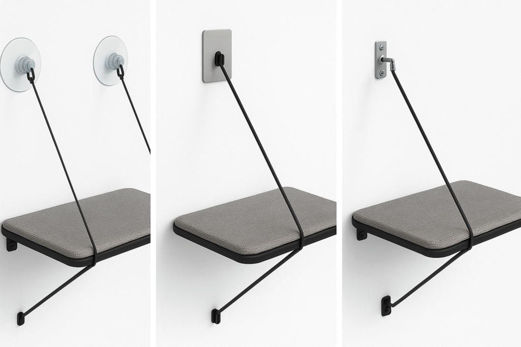 Comparison of three cat window perch mounting methods: suction cups, adhesive strips, and bracket mounts