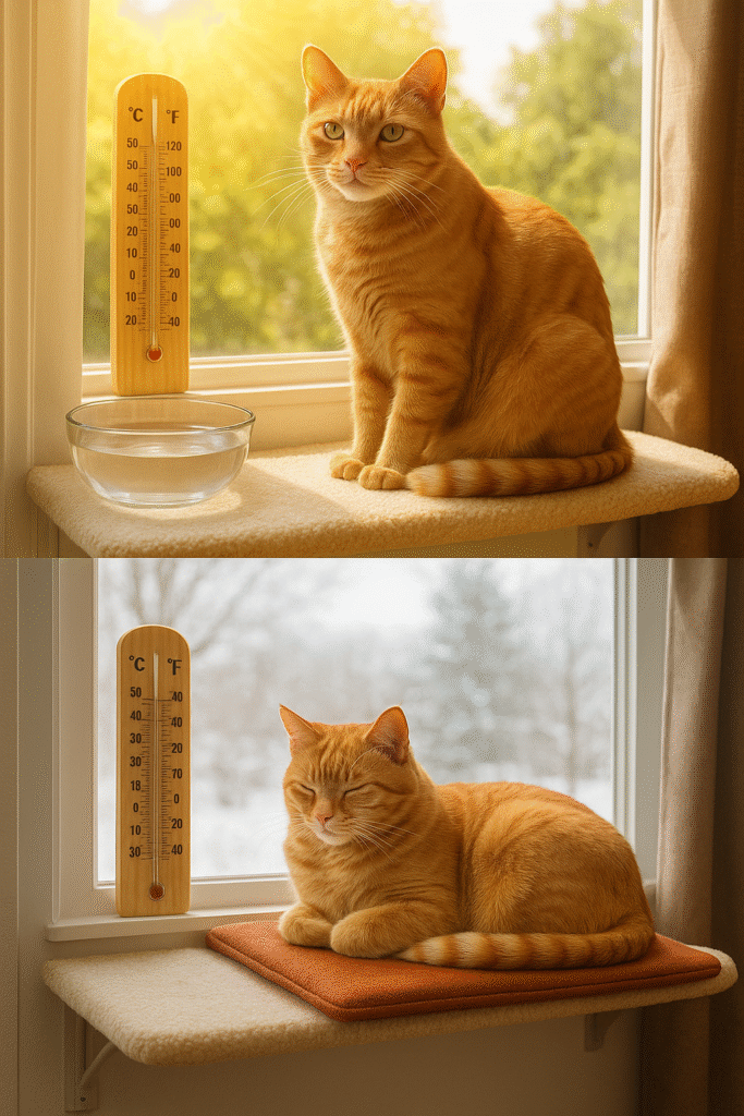 Cat on window perch showing summer heat management and winter warmth considerations for safety