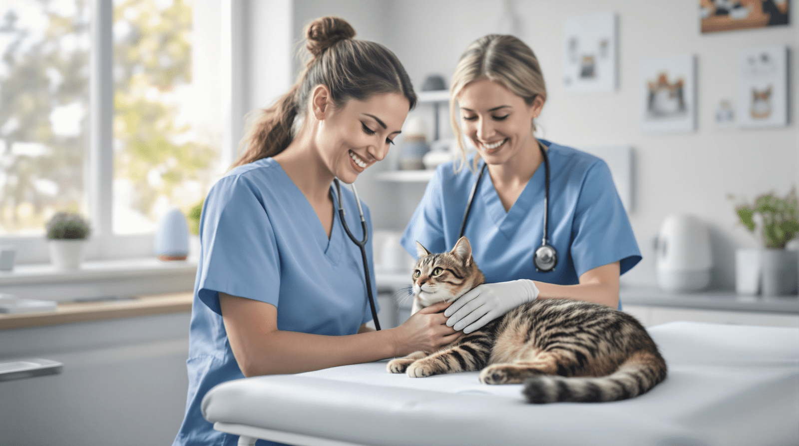 UK veterinarian gently examining a tabby cat in modern cat-friendly clinic
