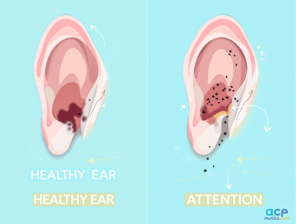 Educational diagram comparing healthy cat ear versus infected cat ear showing warning signs