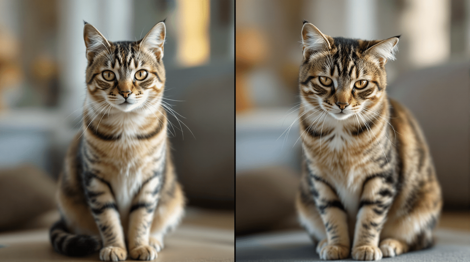 Split comparison showing healthy alert cat versus cat displaying subtle pain signs including squinted eyes and hunched posture - recognizing pain in cats