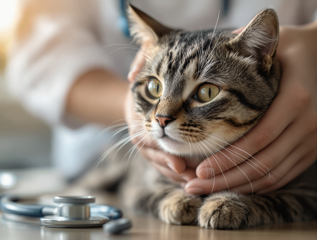 Senior cat receiving veterinary examination for excessive meowing and age-related health issues
