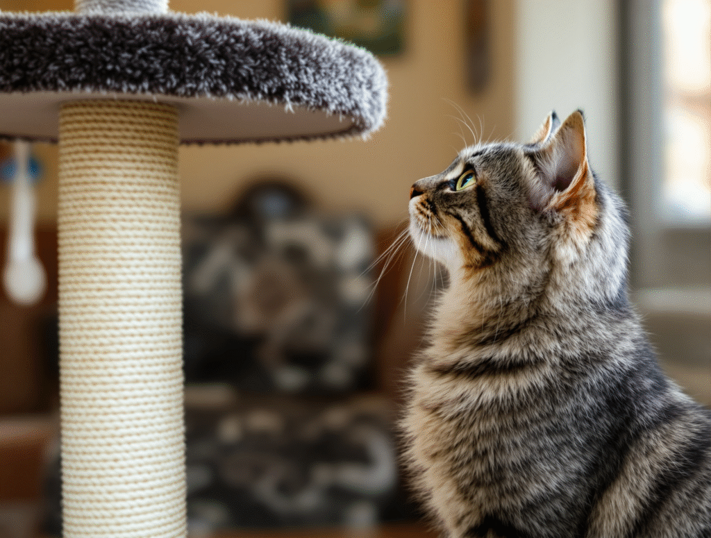 Senior cat hesitant to jump onto cat tree showing mobility issues and potential arthritis pain indicators