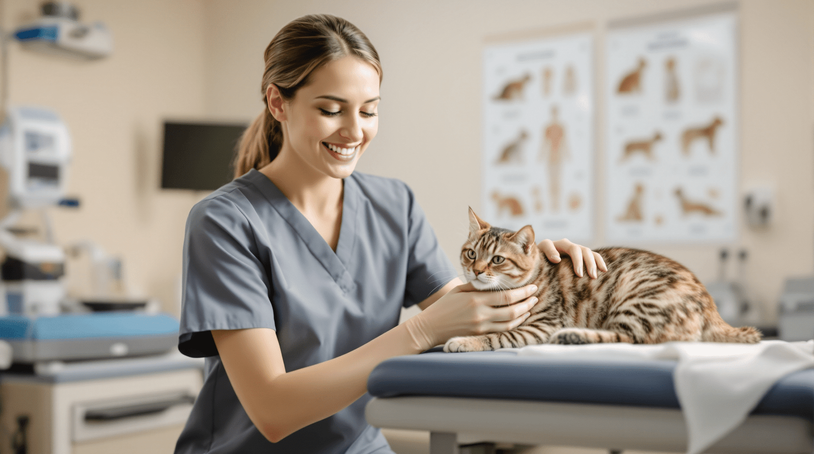 Professional veterinarian examining healthy tabby cat during spaying and neutering consultation in modern veterinary clinic