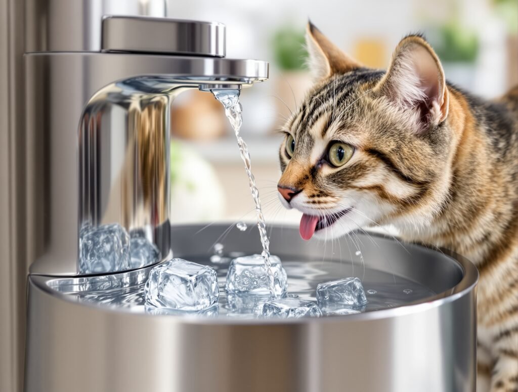 Tabby cat drinking from water fountain with ice cubes for summer hydration