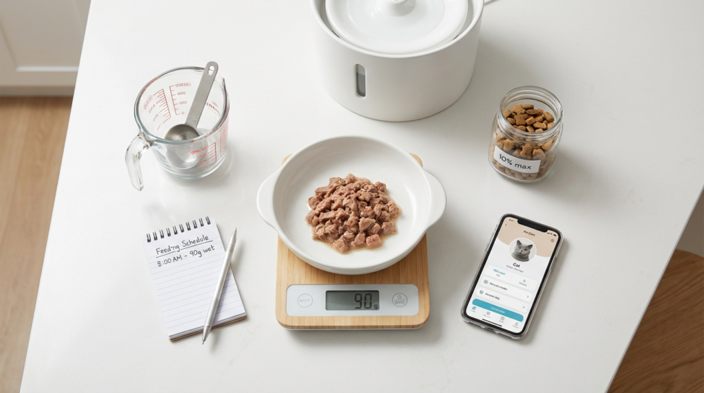 Proper portion control setup for British Shorthair cat to prevent overeating and vomiting