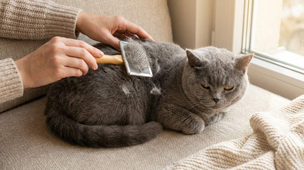 Owner brushing British Shorthair cat to prevent hairball-related vomiting