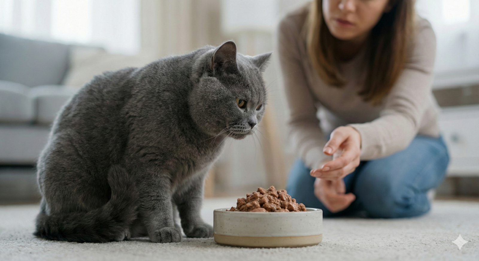 A worried woman kneels on a carpeted floor, looking at her grey British Shorthair cat which is sitting next to a full bowl of wet food, refusing to eat.