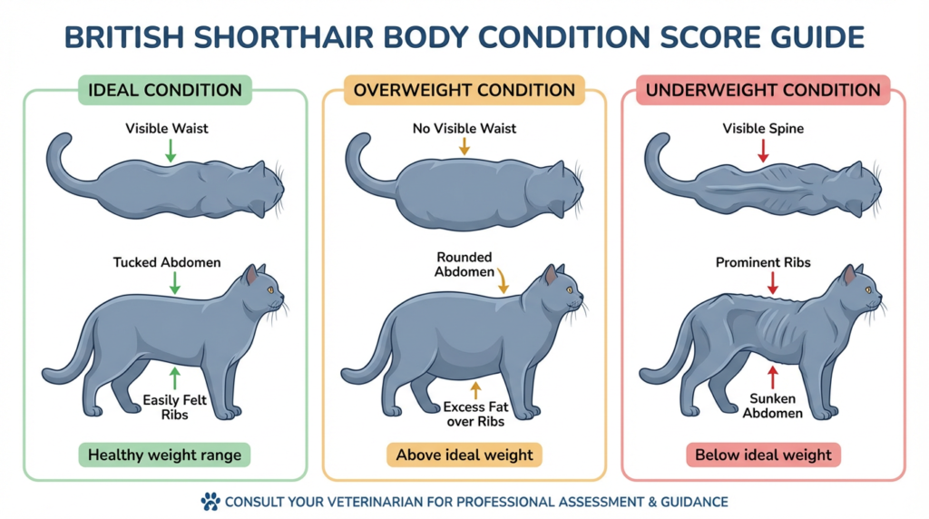 British Shorthair body condition chart showing ideal weight versus overweight and underweight cats