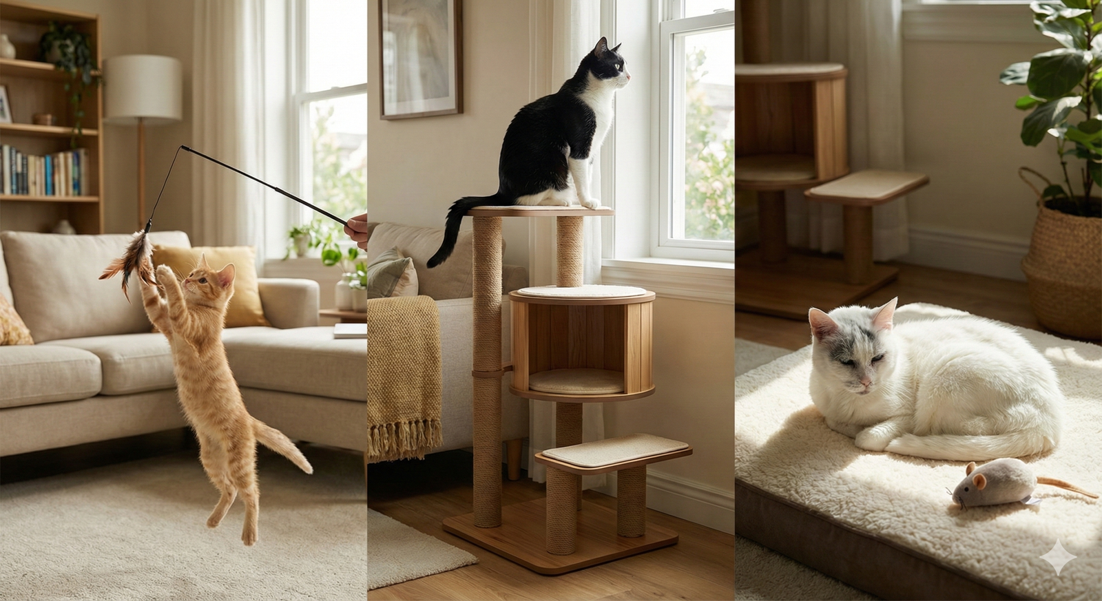 A triptych showing a kitten playing with a wand toy, an adult cat on a scratching post, and a senior cat resting on a soft bed, illustrating age-appropriate cat activities.