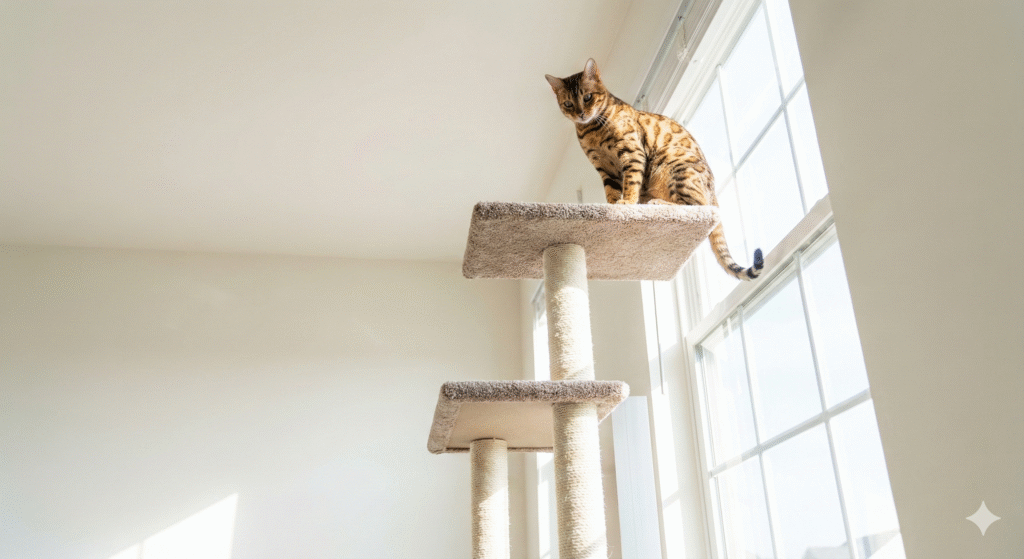 A spotted Bengal cat perched high on the top platform of a tall cat tree, looking down next to a large window.