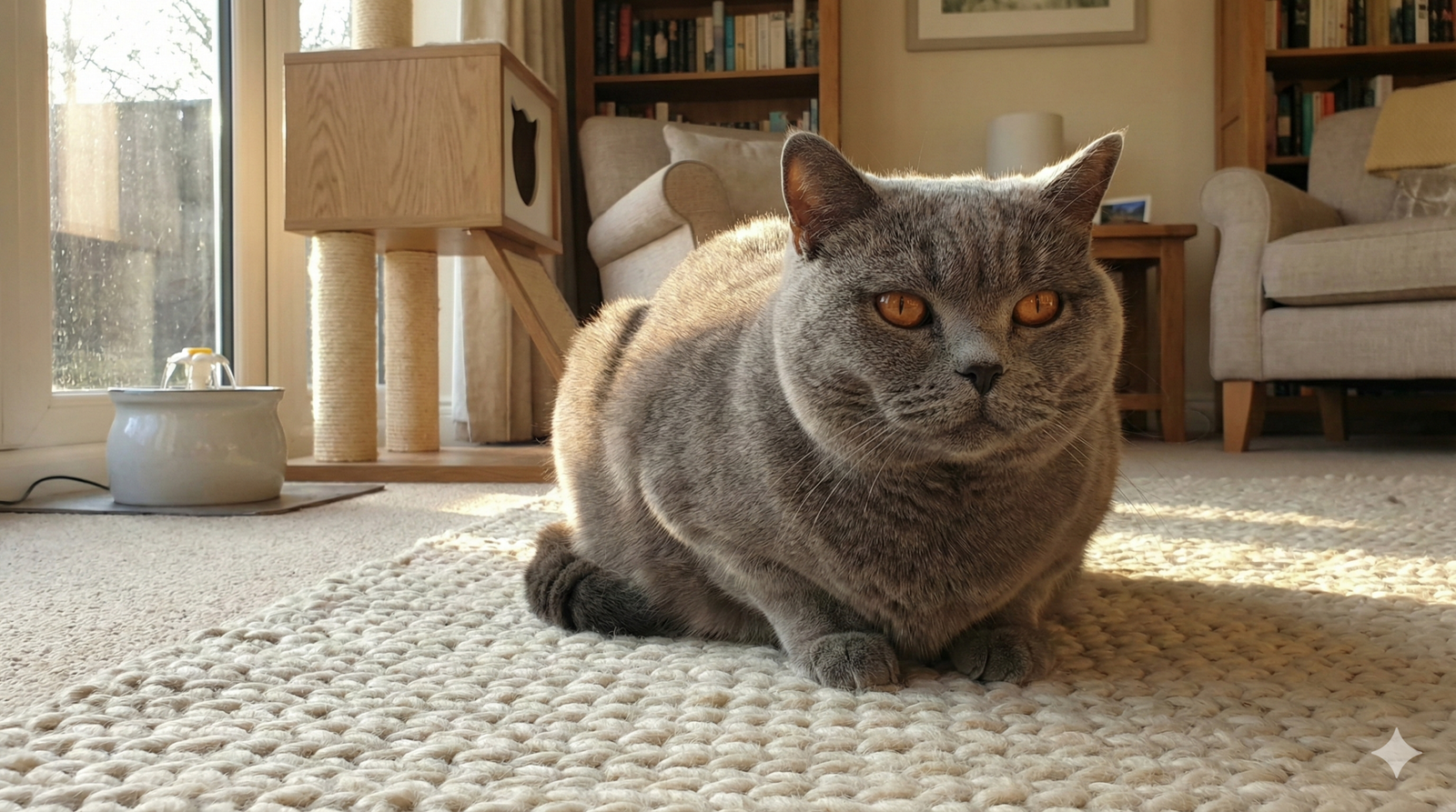 A portrait of a calm, blue British Shorthair cat sitting on a wool rug in a sunlit living room, with a cat tree and water fountain in the background. Placement: At the very top of the article, below the main headline.