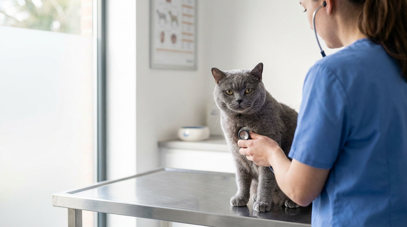 British Shorthair cat receiving veterinary examination for urinary health assessment