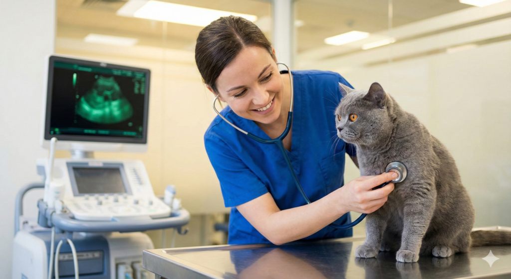 A veterinarian using a stethoscope to check the heart of a British Shorthair cat on an examination table, with an ultrasound machine monitor in the background.