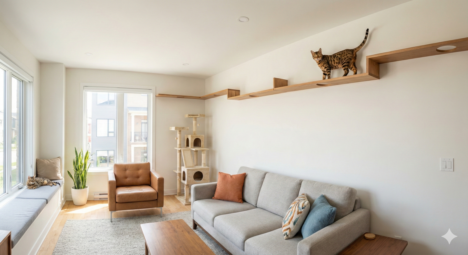 A modern living room featuring a complete vertical territory system for cats, including a "cat highway" of wooden wall shelves, a tall corner cat tree, and a comfortable window perch, with two Bengal cats enjoying the elevated spaces