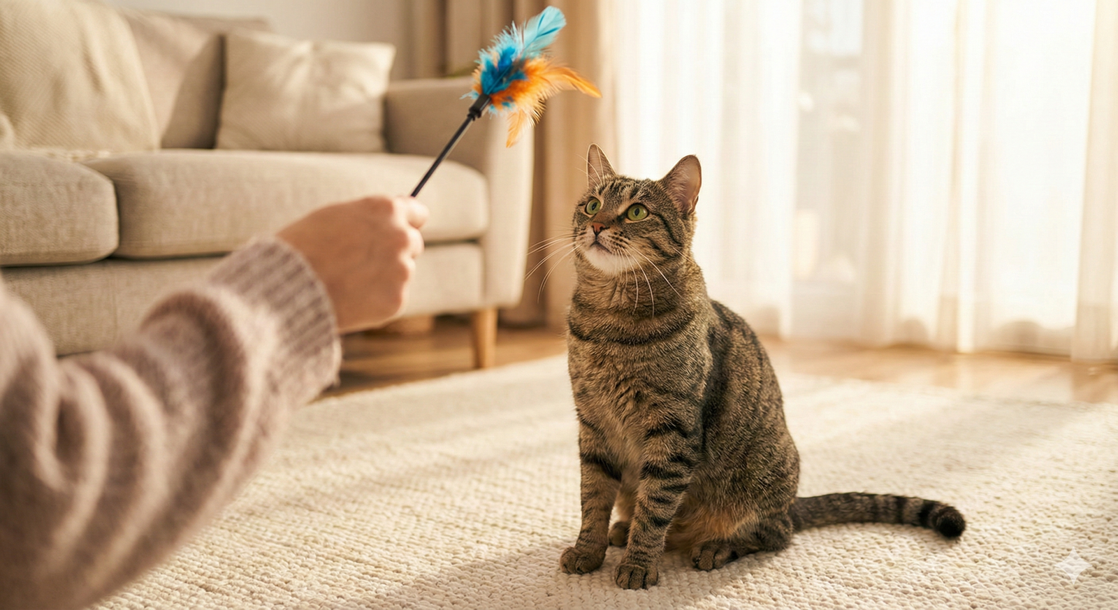 A domestic tabby cat playing safely with a feather wand toy in a sunlit room, demonstrating effective cat bite prevention and safety through positive redirection.