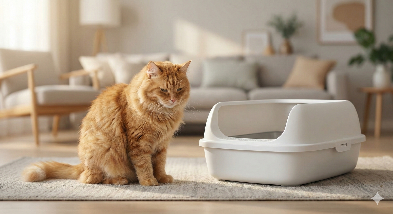 A ginger cat sits lethargically next to a modern litter box in a sunlit living room, a common sign of cat constipation.