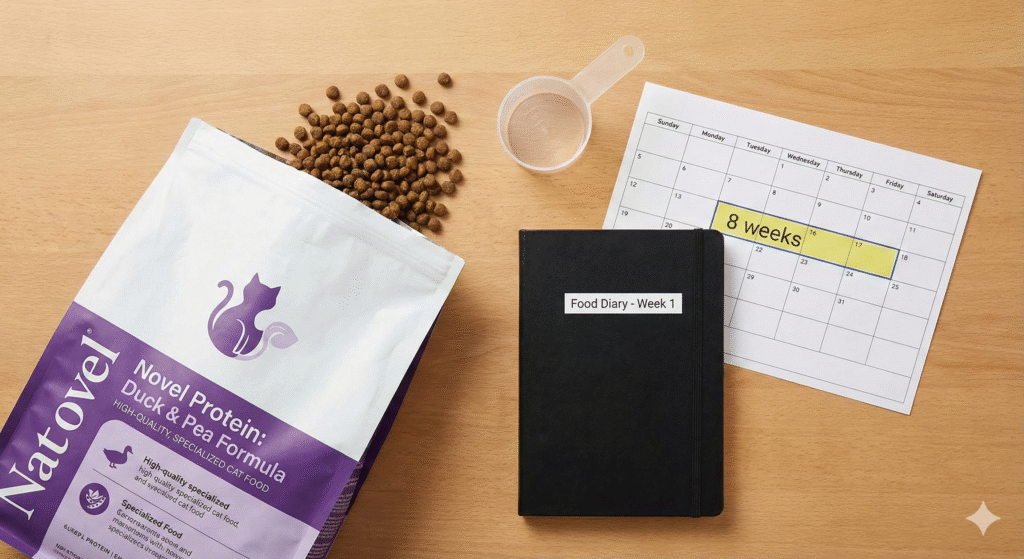 A flat lay display showing a bag of novel protein cat food, a measuring cup, a food diary notebook, and a calendar marked for an 8-week trial.