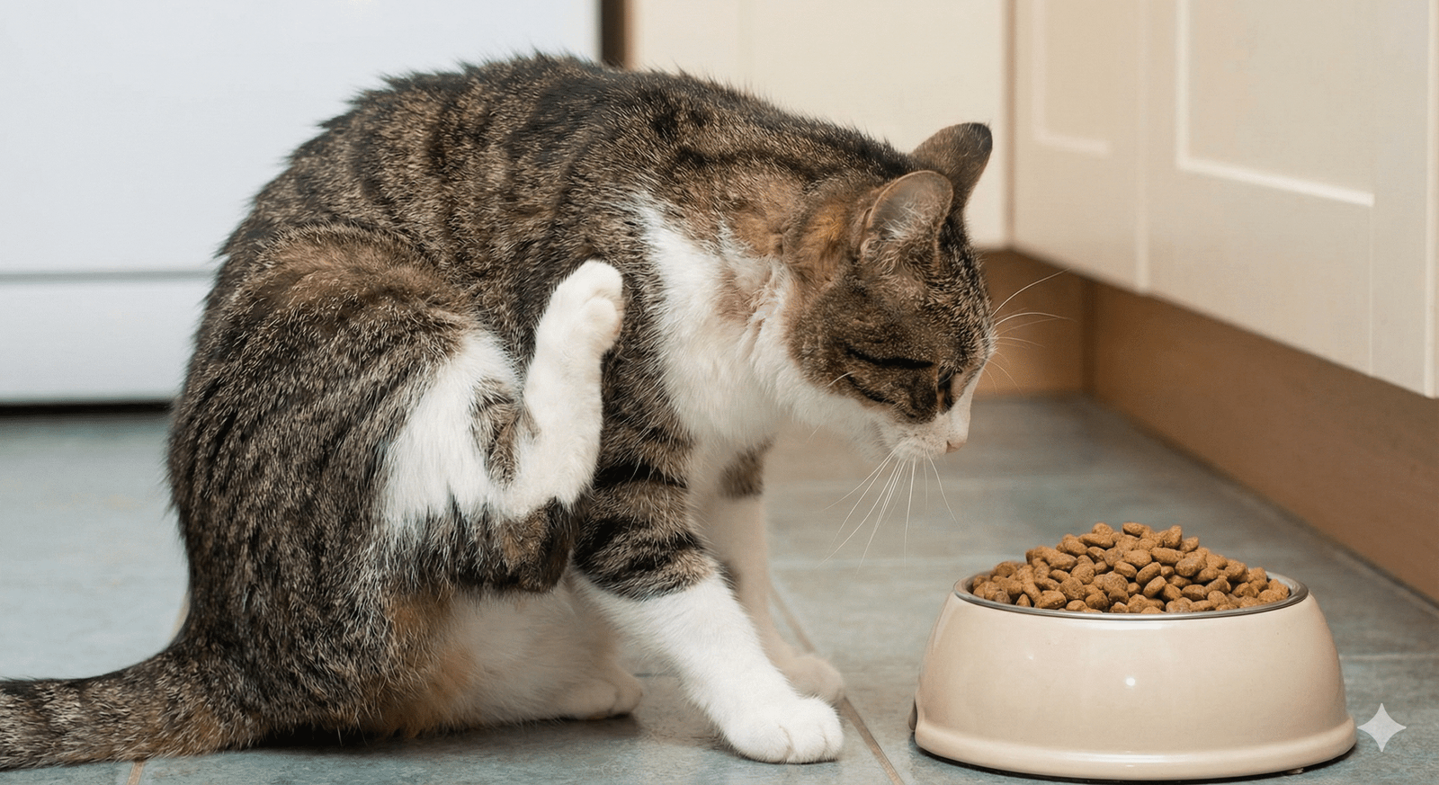 A tabby cat sits on a kitchen floor, vigorously scratching its neck next to a full bowl of dry cat food.