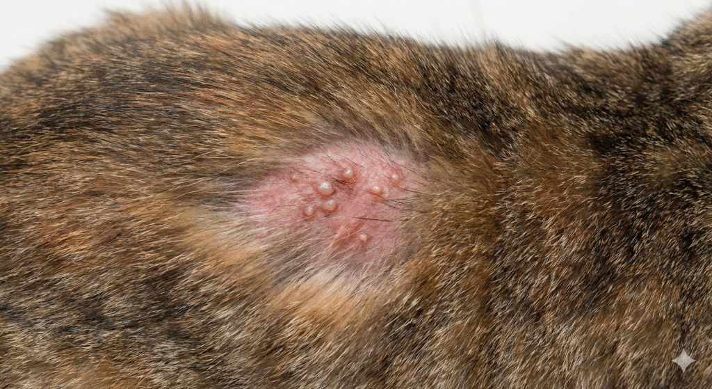 Close-up view of a cat's skin showing a patch of hair loss, redness, and small bumps indicating allergic dermatitis.