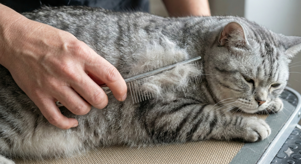A close-up of a metal comb being used to groom a silver tabby British Shorthair, showing the removal of the dense undercoat fur