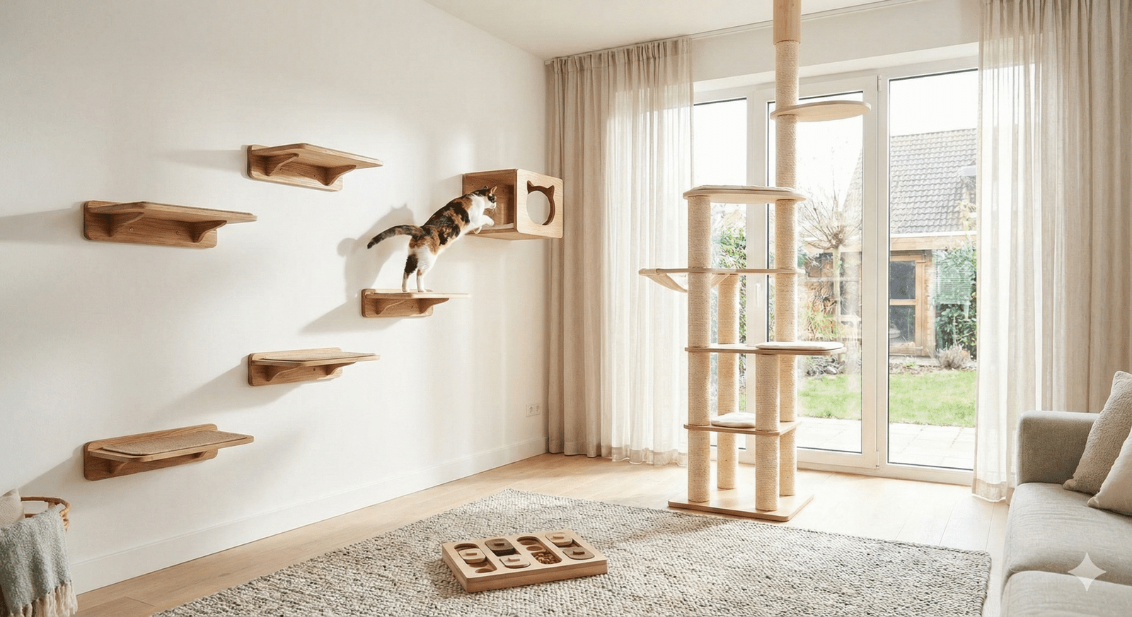 A wide-angle shot of a bright living room designed for cat enrichment, featuring wall-mounted cat shelves, a tall scratching tree, a puzzle feeder on the rug, and a calico cat mid-leap.