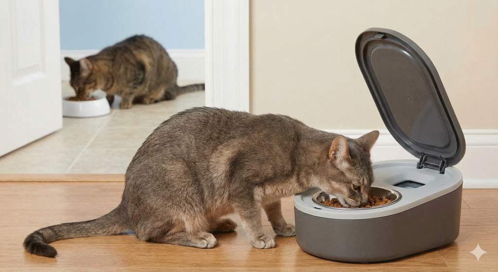 A gray cat eats from a selective microchip feeder while another tabby cat eats from a standard bowl in the background, illustrating multi-cat allergy management.