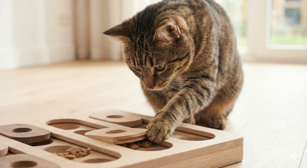 A close-up photograph of a brown tabby cat using its paw to slide a wooden block on a puzzle feeder toy to reveal a hidden treat.