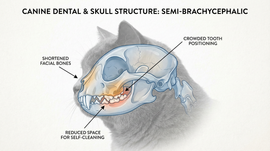 British Shorthair brachycephalic skull structure showing dental crowding and increased disease risk