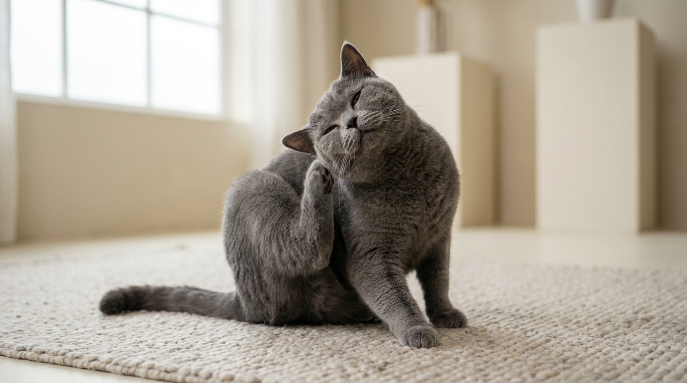 A British Shorthair cat tilting its head and scratching its ear, illustrating common infection signs.