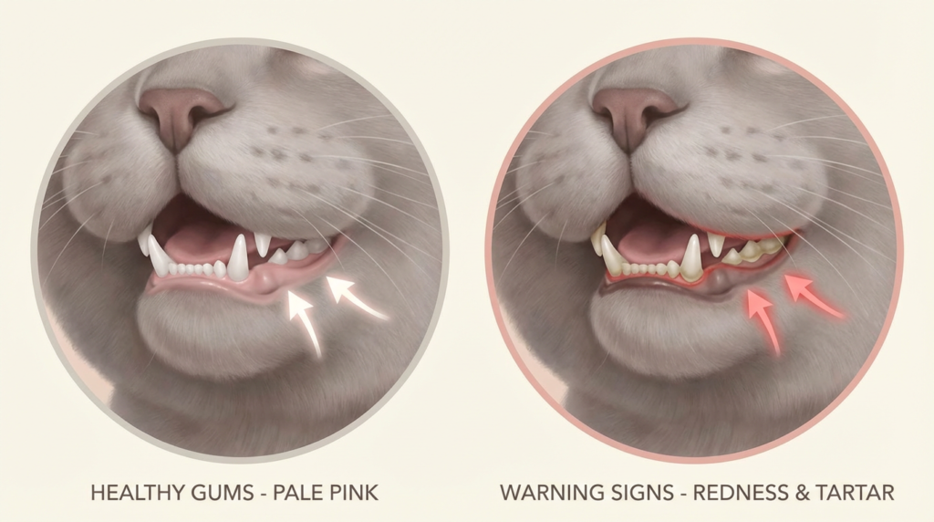 British Shorthair dental disease symptoms - healthy gums vs gingivitis comparison chart