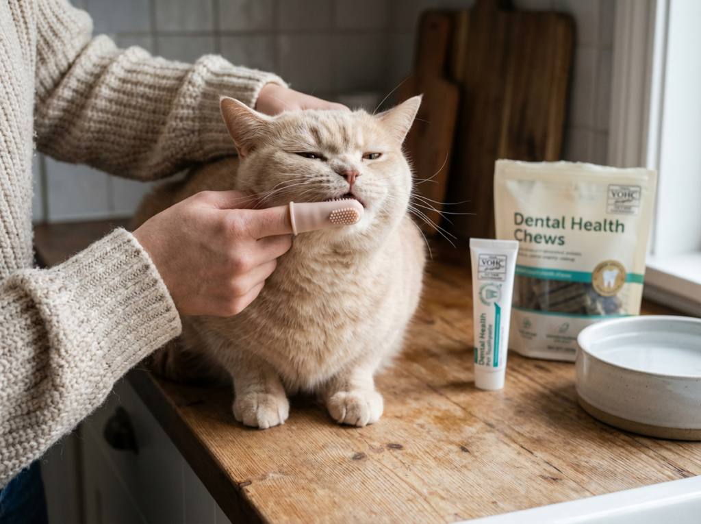 British Shorthair home dental care routine - owner brushing cat's teeth to prevent periodontal disease