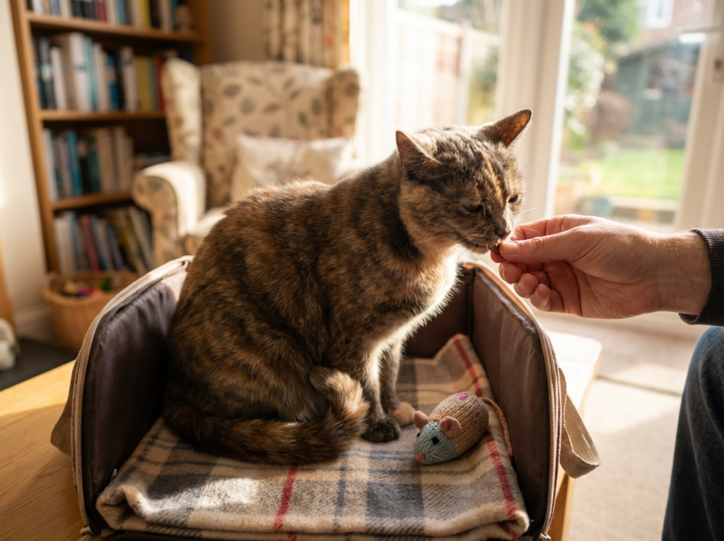 Relaxed tortoiseshell cat comfortable inside open carrier accepting treats from owner's hand during positive carrier familiarization training in sunny UK living room