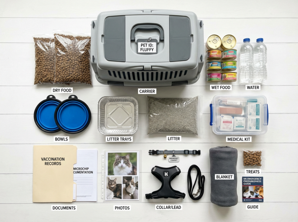 Complete cat emergency evacuation kit with 7-10 days supplies including food, water, medical records, carrier, litter tray, collar with ID tag and microchip documentation laid out on white background