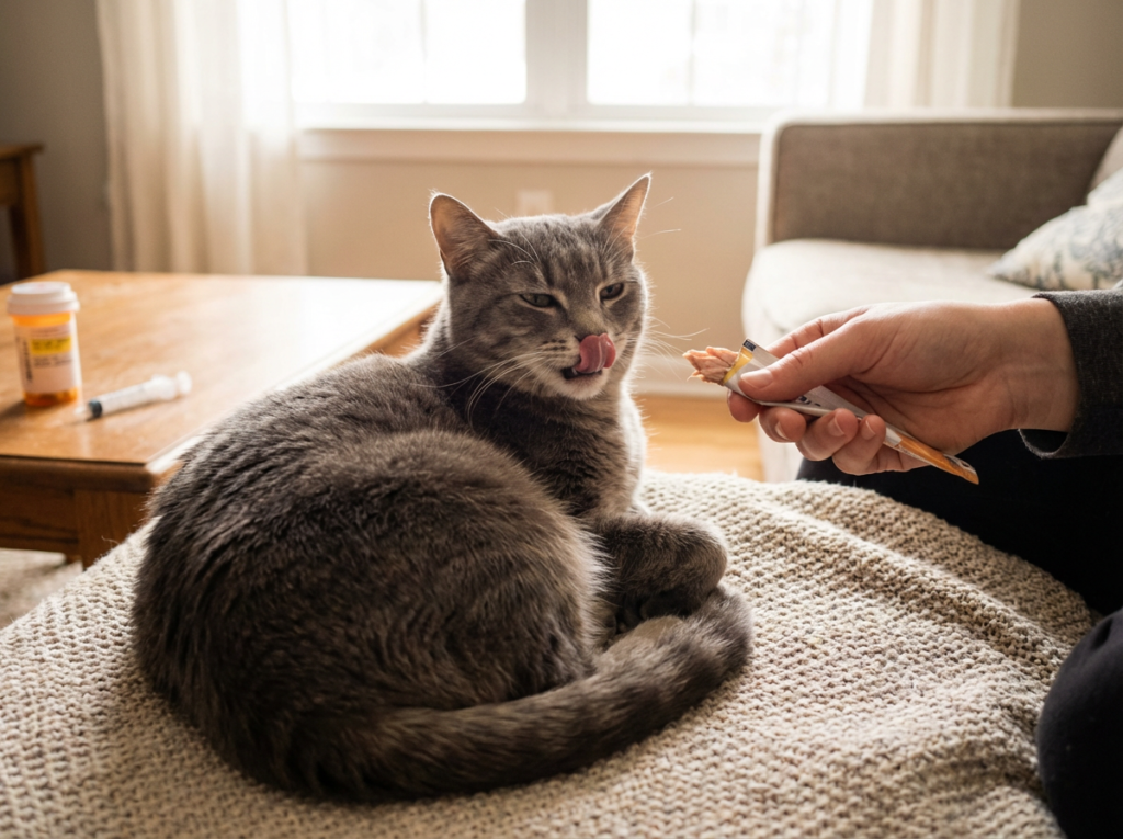 Gray cat licking nose after successfully taking medication while owner offers treat reward in warm home setting