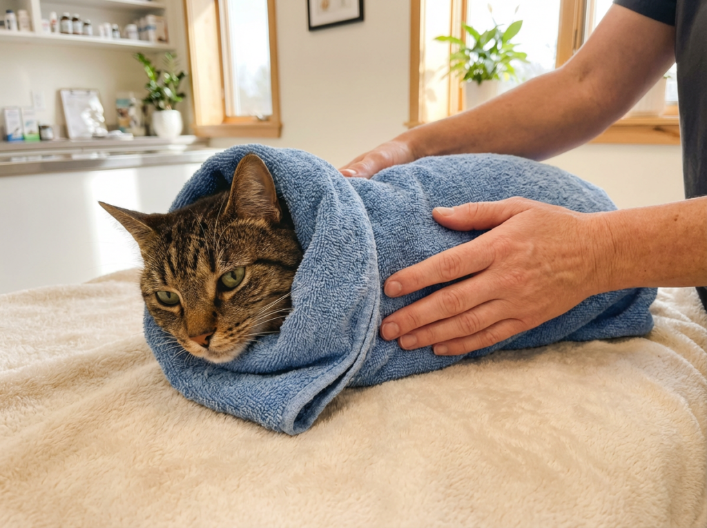 Tabby cat wrapped securely in blue towel showing the purrito restraint technique for administering medication to difficult cats