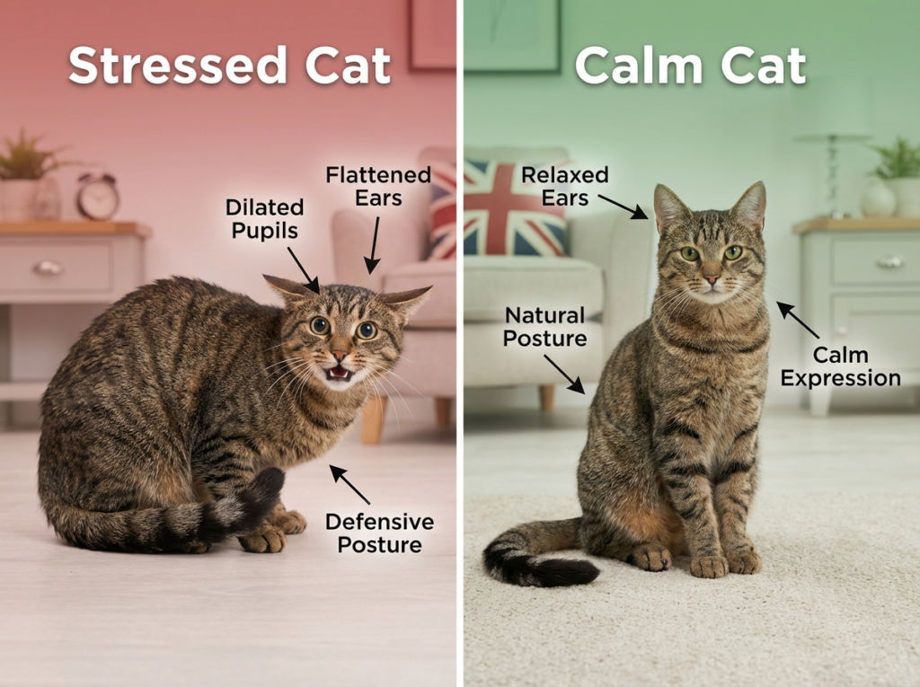 Educational comparison showing stressed vs calm cat body language during emergencies including dilated pupils, flattened ears, defensive posture versus relaxed ears, natural posture and calm expression
