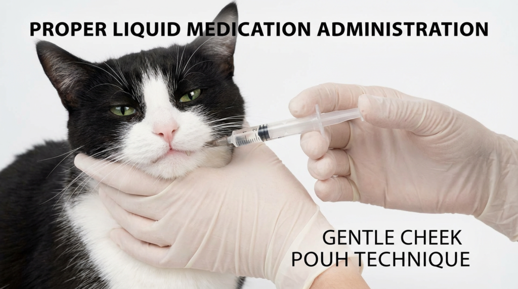 Proper liquid medication administration showing syringe positioned at side of cat's mouth in cheek pouch with head level