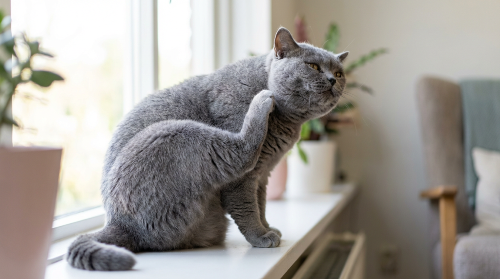 An obese British Shorthair struggling to groom itself, which increases the risk of ear infections.
